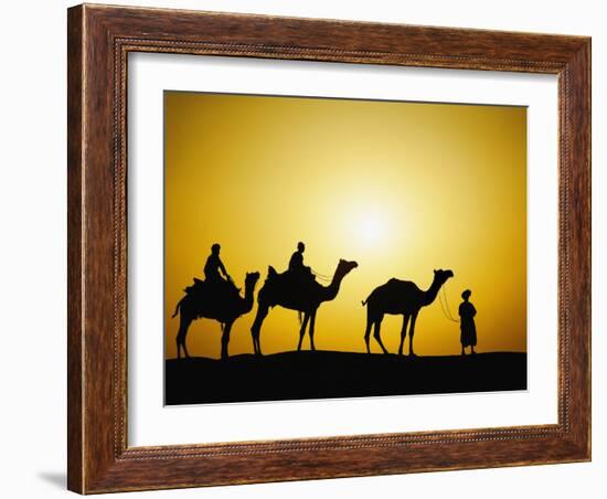 Camels and camel driver silhouetted at sunset, Thar Desert, Jodhpur, India-Adam Jones-Framed Photographic Print