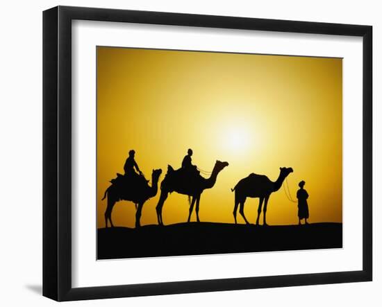 Camels and camel driver silhouetted at sunset, Thar Desert, Jodhpur, India-Adam Jones-Framed Photographic Print