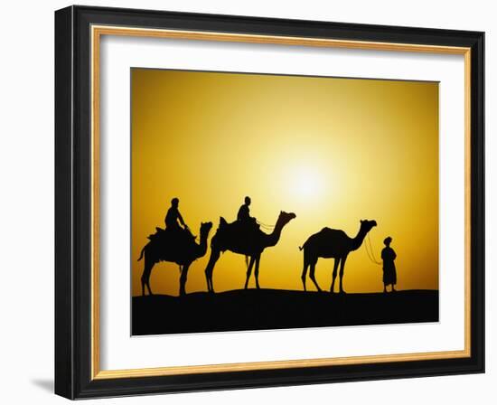 Camels and camel driver silhouetted at sunset, Thar Desert, Jodhpur, India-Adam Jones-Framed Photographic Print