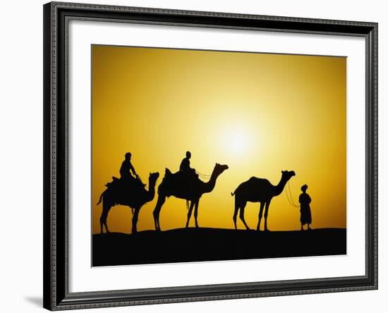 Camels and camel driver silhouetted at sunset, Thar Desert, Jodhpur, India-Adam Jones-Framed Photographic Print