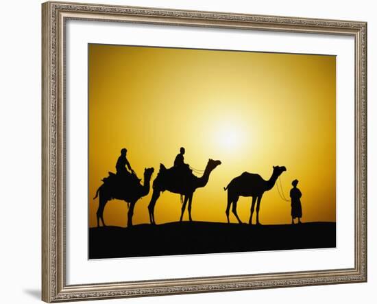 Camels and camel driver silhouetted at sunset, Thar Desert, Jodhpur, India-Adam Jones-Framed Photographic Print