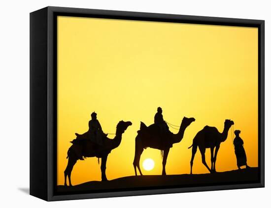 Camels and camel driver silhouetted at sunset, Thar Desert, Jodhpur, India-Adam Jones-Framed Premier Image Canvas