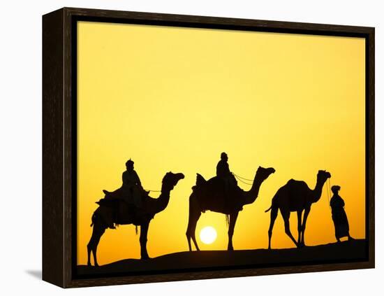 Camels and camel driver silhouetted at sunset, Thar Desert, Jodhpur, India-Adam Jones-Framed Premier Image Canvas