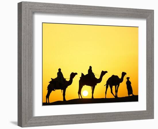 Camels and camel driver silhouetted at sunset, Thar Desert, Jodhpur, India-Adam Jones-Framed Photographic Print