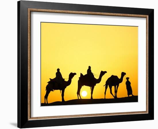 Camels and camel driver silhouetted at sunset, Thar Desert, Jodhpur, India-Adam Jones-Framed Photographic Print