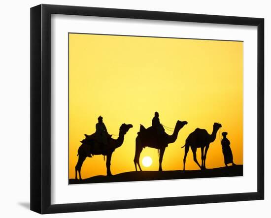 Camels and camel driver silhouetted at sunset, Thar Desert, Jodhpur, India-Adam Jones-Framed Photographic Print