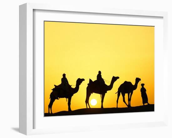 Camels and camel driver silhouetted at sunset, Thar Desert, Jodhpur, India-Adam Jones-Framed Photographic Print