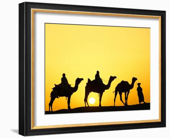 Camels and camel driver silhouetted at sunset, Thar Desert, Jodhpur, India-Adam Jones-Framed Photographic Print