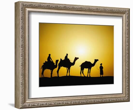 Camels and camel driver silhouetted at sunset, Thar Desert, Jodhpur, India-Adam Jones-Framed Photographic Print