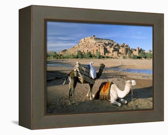 Camels by Riverbank with Kasbah Ait Benhaddou, Unesco World Heritage Site, in Background, Morocco-Lee Frost-Framed Premier Image Canvas