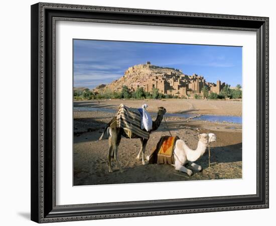 Camels by Riverbank with Kasbah Ait Benhaddou, Unesco World Heritage Site, in Background, Morocco-Lee Frost-Framed Photographic Print