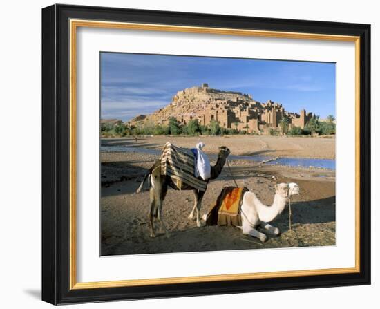 Camels by Riverbank with Kasbah Ait Benhaddou, Unesco World Heritage Site, in Background, Morocco-Lee Frost-Framed Photographic Print