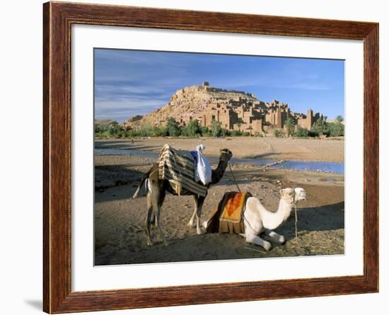 Camels by Riverbank with Kasbah Ait Benhaddou, Unesco World Heritage Site, in Background, Morocco-Lee Frost-Framed Photographic Print