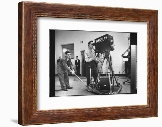 Cameraman Nick Luppino Honing in TV Camera During 1st Broadcast at Newly Opened WICV-TV Station-Ralph Morse-Framed Photographic Print