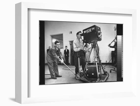 Cameraman Nick Luppino Honing in TV Camera During 1st Broadcast at Newly Opened WICV-TV Station-Ralph Morse-Framed Photographic Print