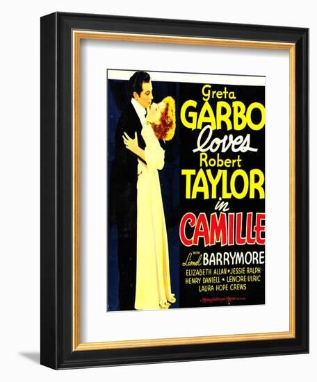 Camille, Robert Taylor, Greta Garbo on window card, 1936-null-Framed Premium Giclee Print
