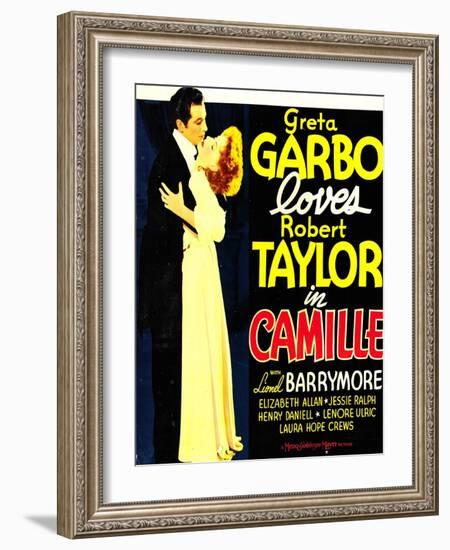 Camille, Robert Taylor, Greta Garbo on window card, 1936-null-Framed Art Print