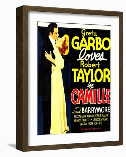 Camille, Robert Taylor, Greta Garbo on window card, 1936-null-Framed Art Print