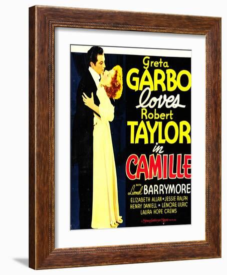 Camille, Robert Taylor, Greta Garbo on window card, 1936-null-Framed Art Print