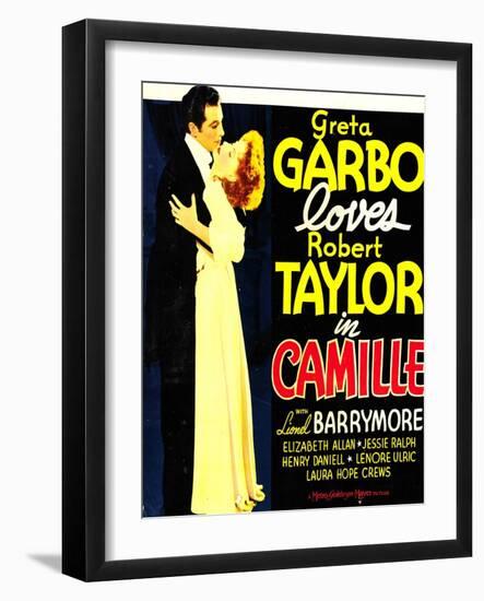 Camille, Robert Taylor, Greta Garbo on window card, 1936-null-Framed Art Print