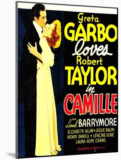 Camille, Robert Taylor, Greta Garbo on window card, 1936-null-Mounted Art Print