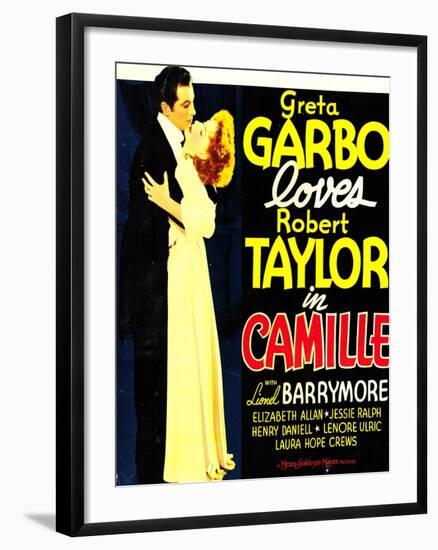 Camille, Robert Taylor, Greta Garbo on window card, 1936-null-Framed Art Print