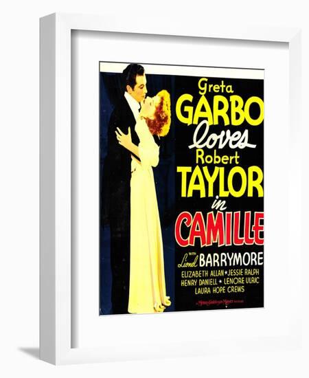 Camille, Robert Taylor, Greta Garbo on window card, 1936-null-Framed Art Print