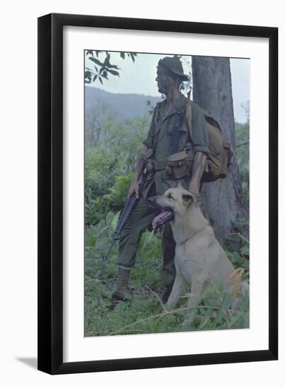 Camouflaged US Marine and His Scout Dog Named 'Major' in Vietnam, Nov. 1967-null-Framed Photo