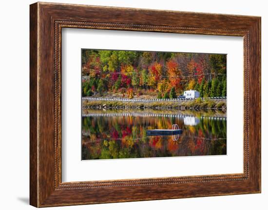 Camper Driving Though Fall Forest with Colorful Autumn Leaves Reflecting in Lake. Highway 60 at Lak-elenathewise-Framed Photographic Print