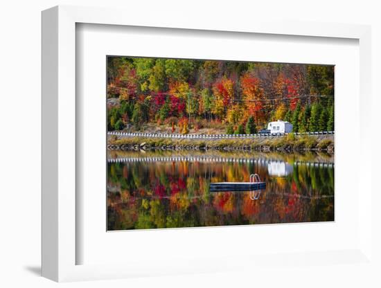 Camper Driving Though Fall Forest with Colorful Autumn Leaves Reflecting in Lake. Highway 60 at Lak-elenathewise-Framed Photographic Print