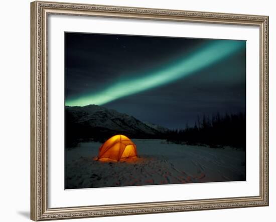 Camper's Tent Under Curtains of Green Northern Lights, Brooks Range, Alaska, USA-Hugh Rose-Framed Photographic Print