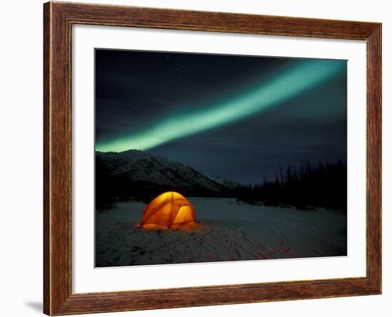 Camper's Tent Under Curtains of Green Northern Lights, Brooks Range, Alaska, USA-Hugh Rose-Framed Photographic Print