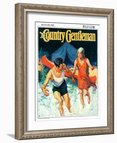 "Camping Couple Goes Swimming," Country Gentleman Cover, August 1, 1928-William Meade Prince-Framed Giclee Print