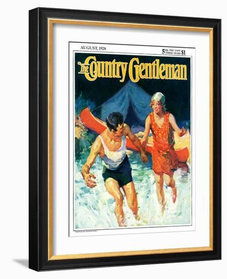 "Camping Couple Goes Swimming," Country Gentleman Cover, August 1, 1928-William Meade Prince-Framed Giclee Print