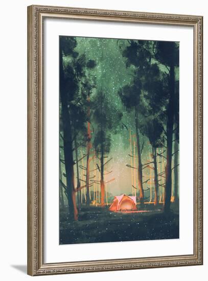 Camping in Forest at Night with Stars and Fireflies,Illustration,Digital Painting-Tithi Luadthong-Framed Art Print
