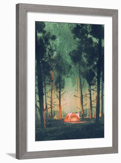 Camping in Forest at Night with Stars and Fireflies,Illustration,Digital Painting-Tithi Luadthong-Framed Art Print