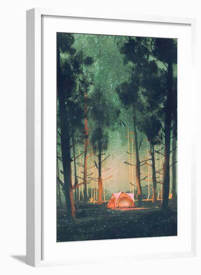 Camping in Forest at Night with Stars and Fireflies,Illustration,Digital Painting-Tithi Luadthong-Framed Art Print