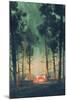 Camping in Forest at Night with Stars and Fireflies,Illustration,Digital Painting-Tithi Luadthong-Mounted Art Print
