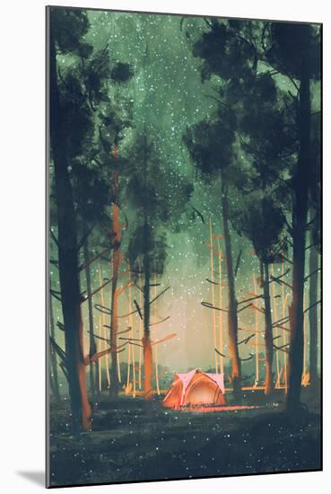 Camping in Forest at Night with Stars and Fireflies,Illustration,Digital Painting-Tithi Luadthong-Mounted Art Print