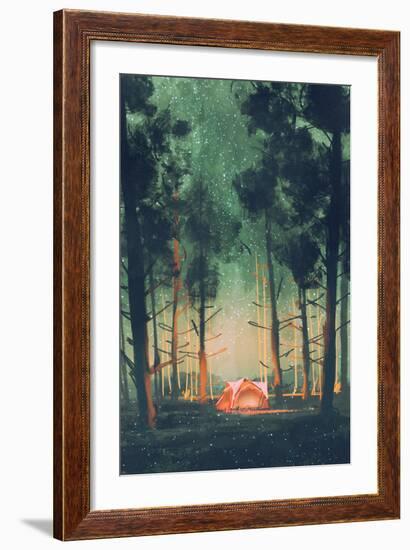 Camping in Forest at Night with Stars and Fireflies,Illustration,Digital Painting-Tithi Luadthong-Framed Art Print