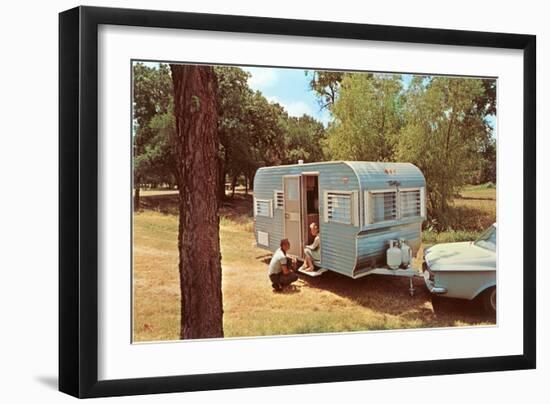 Camping Trailer in Woods-null-Framed Art Print