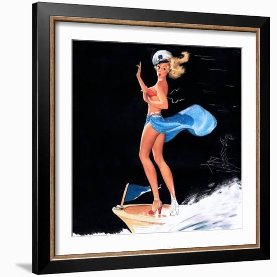 "Can You Tie This" 1950s Pin-Up Calendar Girl by Freeman Elliott-Piddix-Framed Art Print