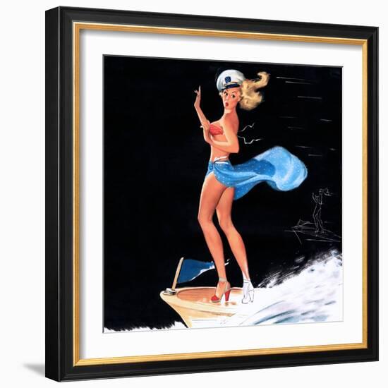 "Can You Tie This" 1950s Pin-Up Calendar Girl by Freeman Elliott-Piddix-Framed Art Print