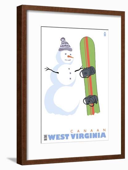 Canaan, West Virginia, Snowman with Snowboard-Lantern Press-Framed Art Print