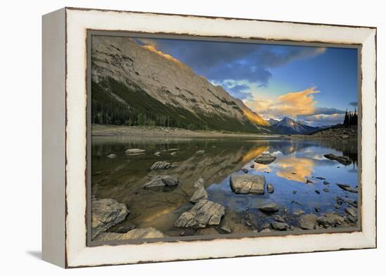 Canada, Alberta, Jasper National Park. Colin Range reflection in Medicine Lake at sunset.-Jaynes Gallery-Framed Premier Image Canvas