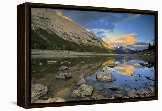 Canada, Alberta, Jasper National Park. Colin Range reflection in Medicine Lake at sunset.-Jaynes Gallery-Framed Premier Image Canvas