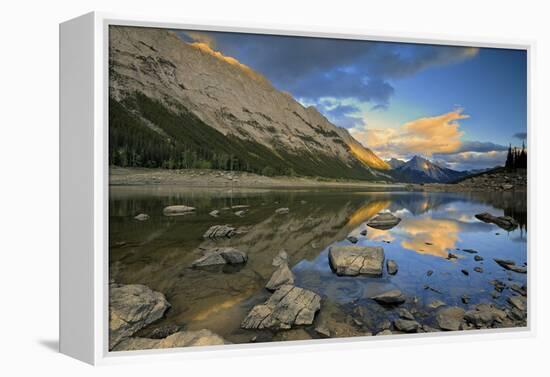 Canada, Alberta, Jasper National Park. Colin Range reflection in Medicine Lake at sunset.-Jaynes Gallery-Framed Premier Image Canvas