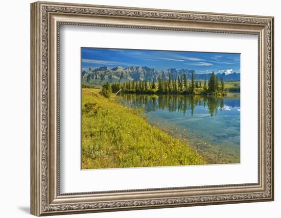 Canada, Alberta, Jasper National Park. Mountains and trees reflection in Talbot Lake.-Jaynes Gallery-Framed Photographic Print