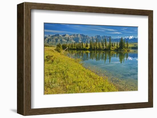 Canada, Alberta, Jasper National Park. Mountains and trees reflection in Talbot Lake.-Jaynes Gallery-Framed Photographic Print