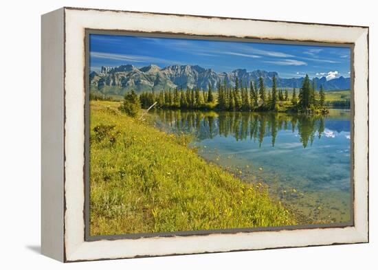 Canada, Alberta, Jasper National Park. Mountains and trees reflection in Talbot Lake.-Jaynes Gallery-Framed Premier Image Canvas